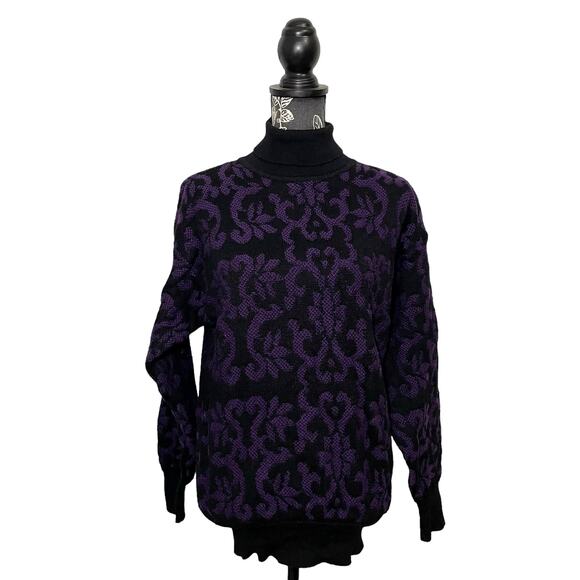 Vintage Meister Textured Knit Turtleneck Sweater Damask Purple Black Size Large - Picture 2 of 6